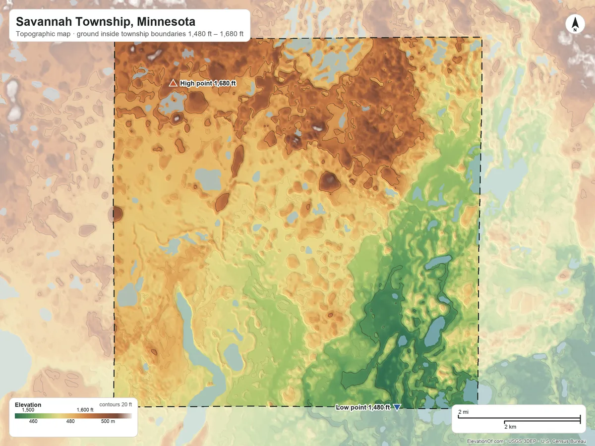 Topographic elevation map of Savannah Township, Minnesota, shaded from 1,480 ft on the southeast side to 1,680 ft on the northwest side