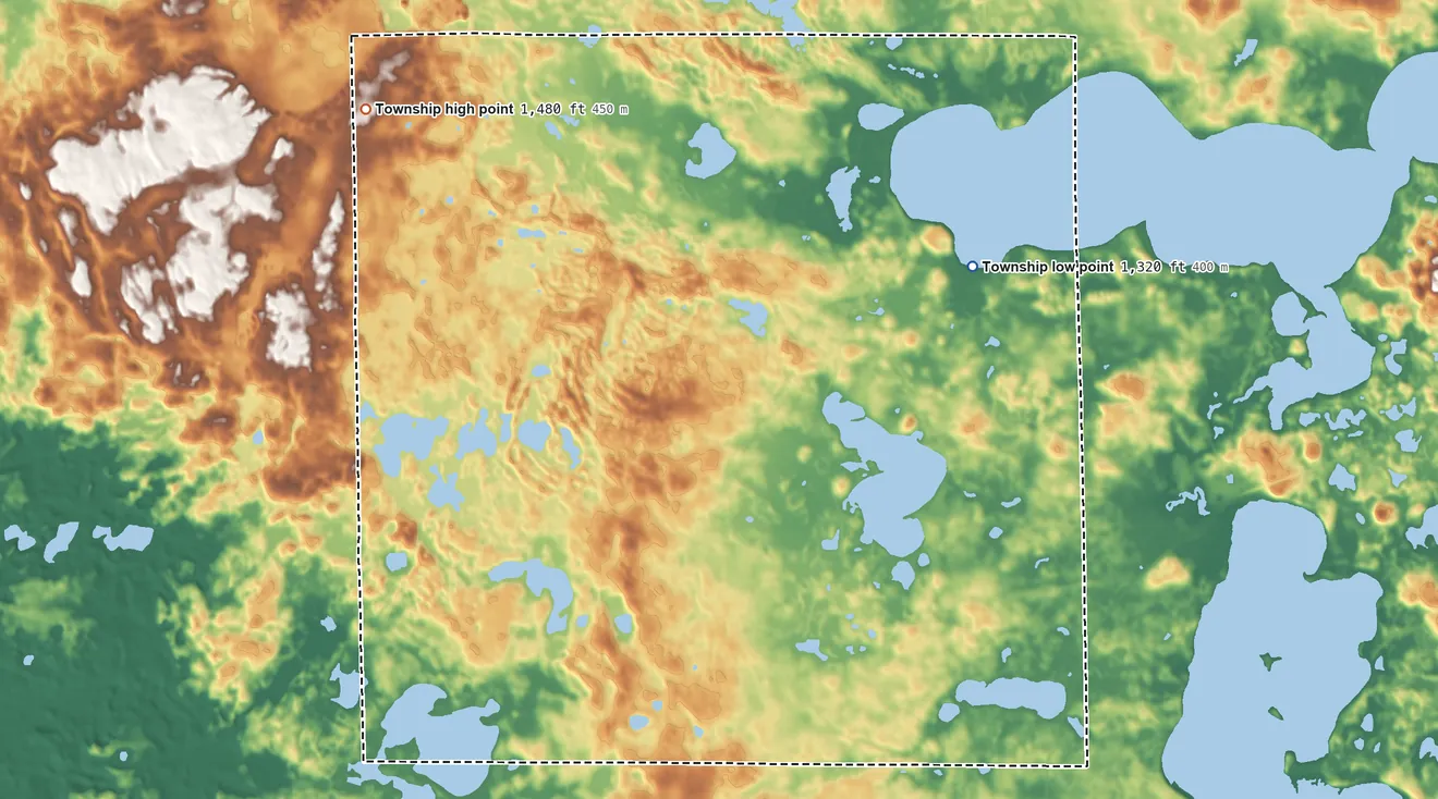 Topographic elevation map of Scambler Township, Minnesota, shaded from 1,320 ft on the east side to 1,480 ft on the northwest side