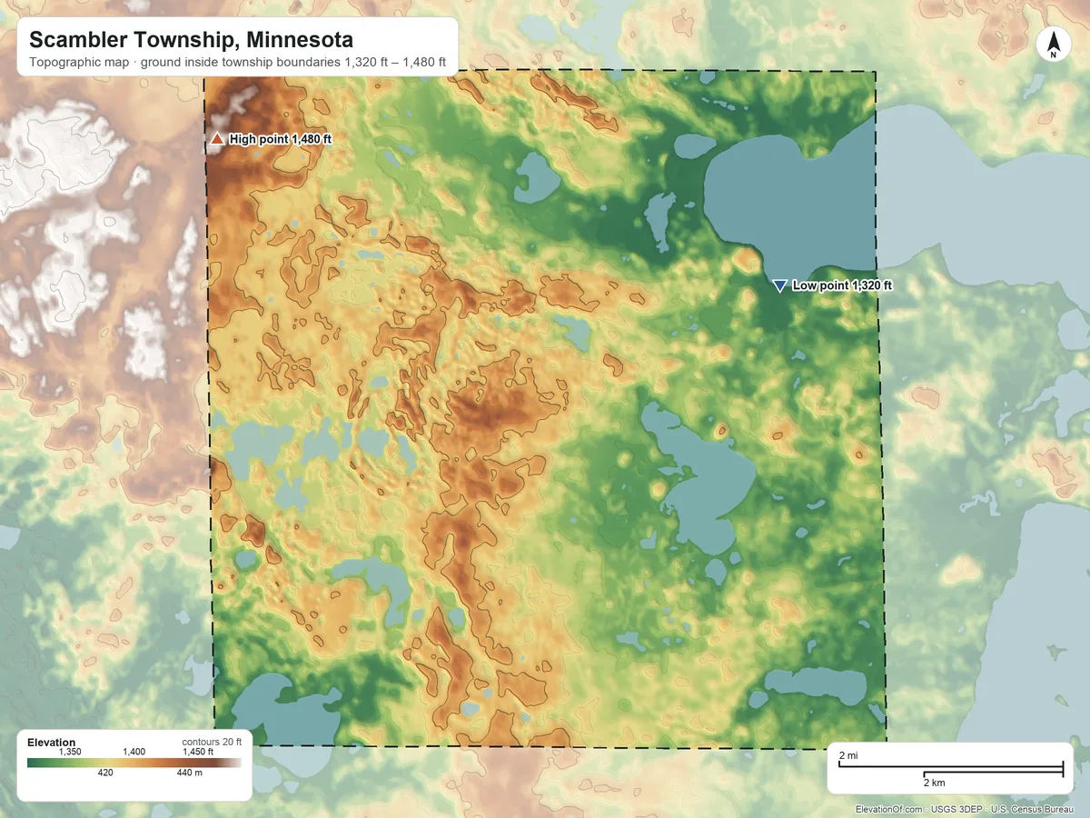 Topographic elevation map of Scambler Township, Minnesota, shaded from 1,320 ft on the east side to 1,480 ft on the northwest side
