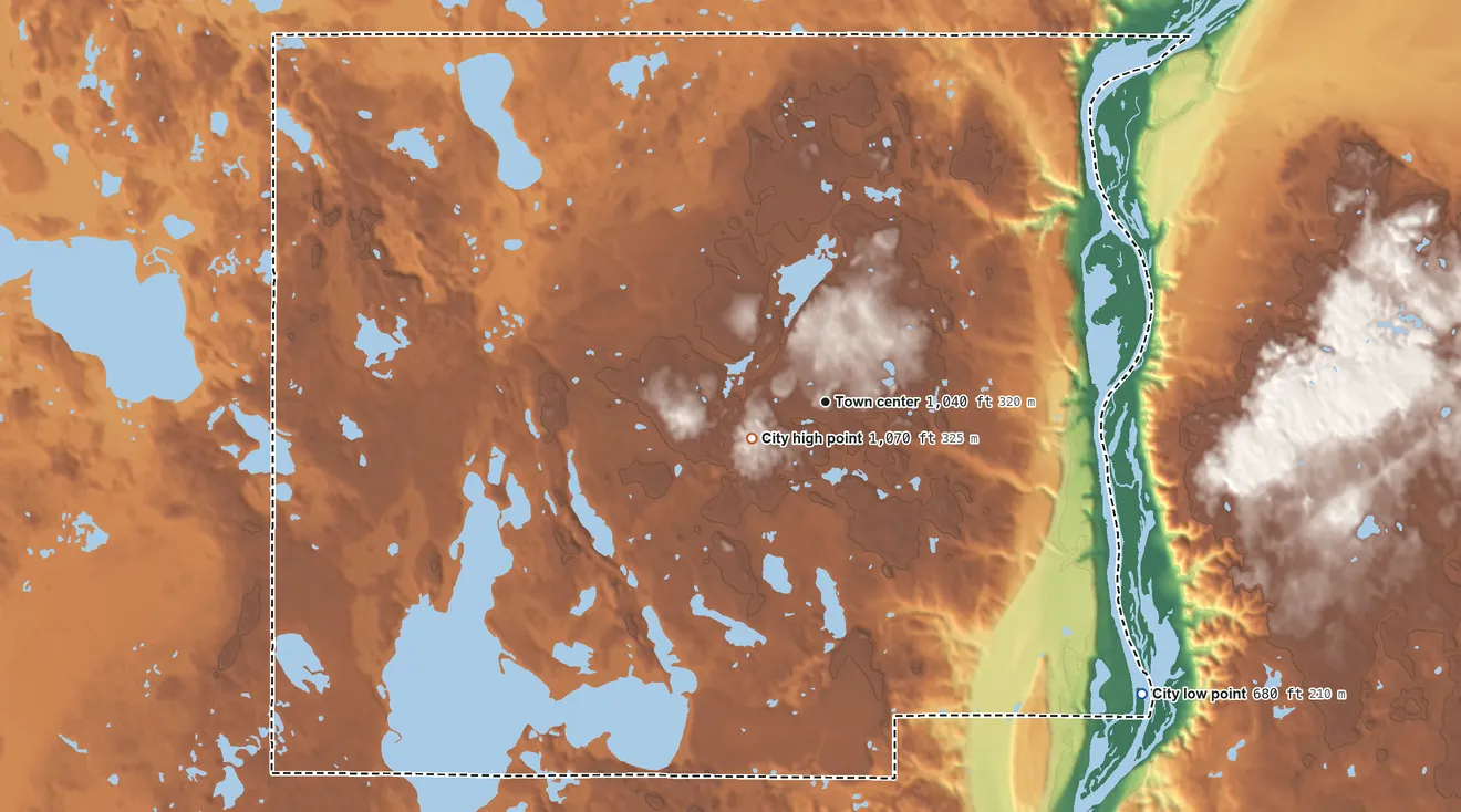 Topographic elevation map of Scandia, Minnesota, shaded from 680 ft on the southeast side to 1,070 ft near the middle