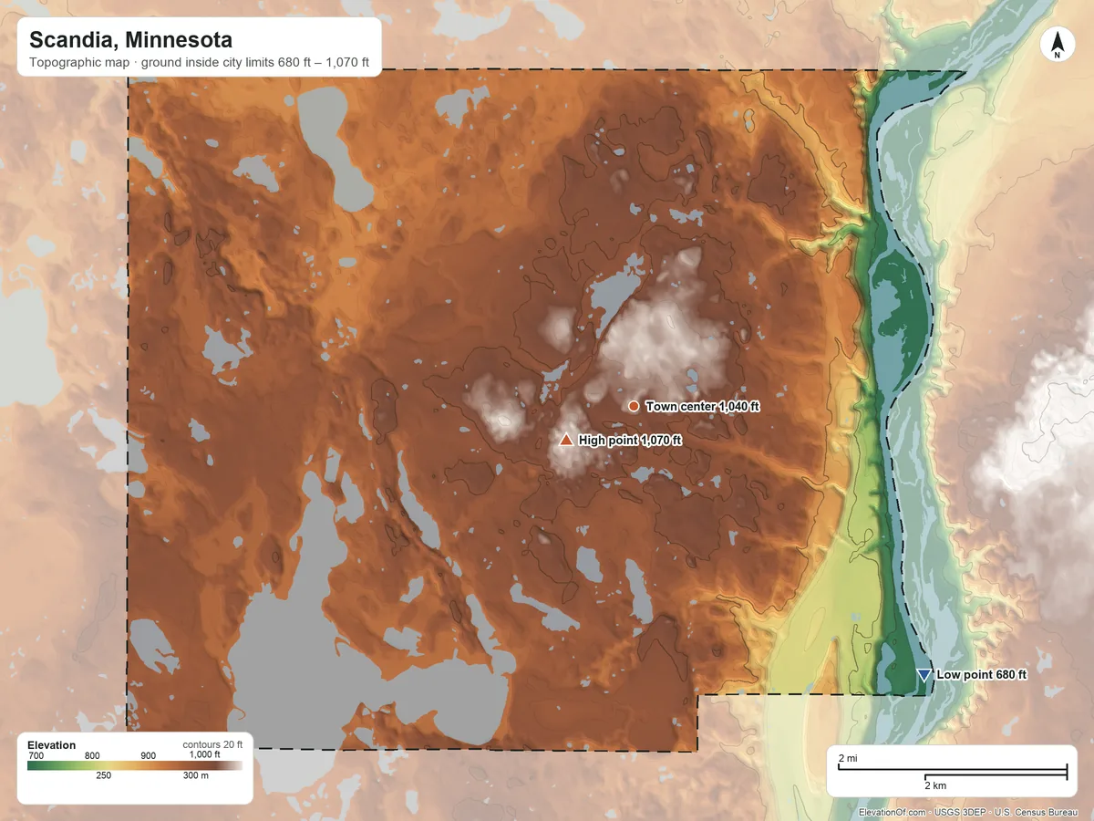 Topographic elevation map of Scandia, Minnesota, shaded from 680 ft on the southeast side to 1,070 ft near the middle
