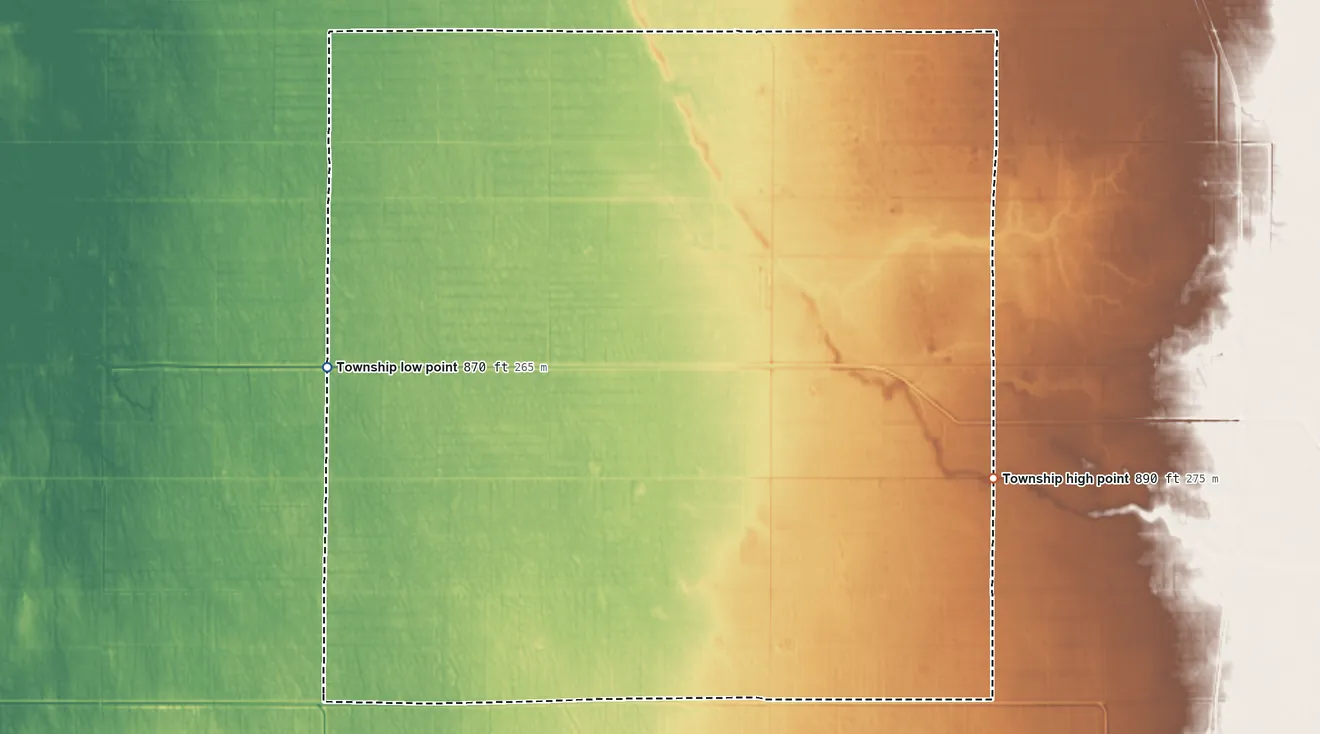 Topographic elevation map of Scandia Township, Minnesota, shaded from 870 ft on the west side to 890 ft on the east side