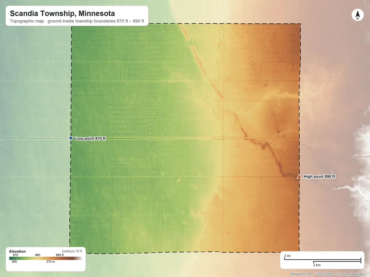 Topographic elevation map of Scandia Township, Minnesota, shaded from 870 ft on the west side to 890 ft on the east side