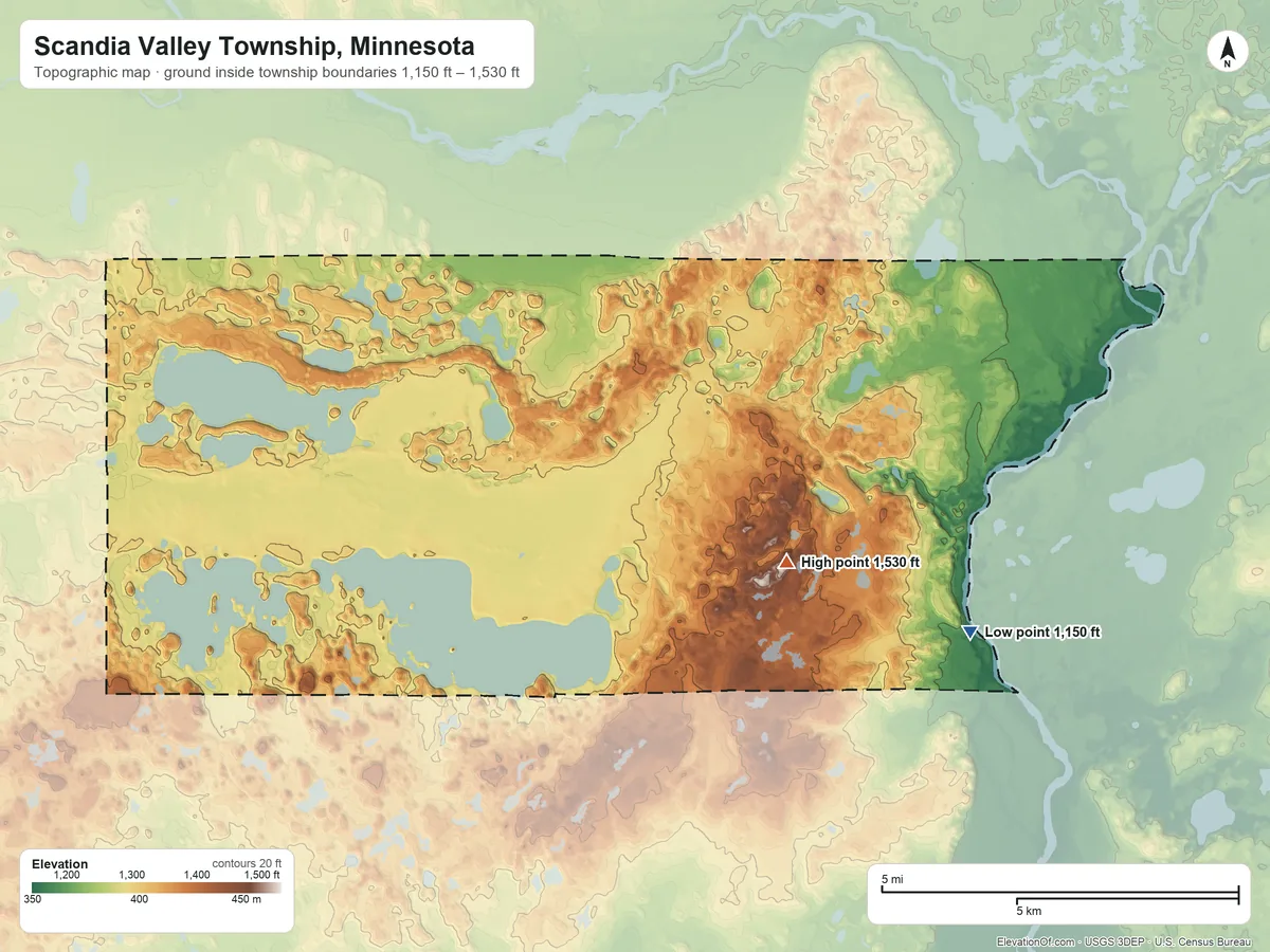 Topographic elevation map of Scandia Valley Township, Minnesota, shaded from 1,150 ft on the east side to 1,530 ft on the east side