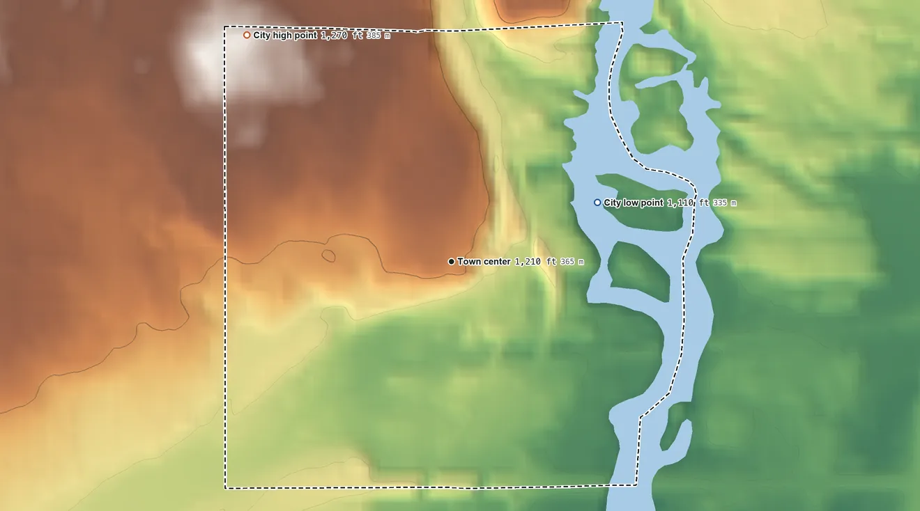 Topographic elevation map of Scanlon, Minnesota, shaded from 1,110 ft on the east side to 1,270 ft on the northwest side