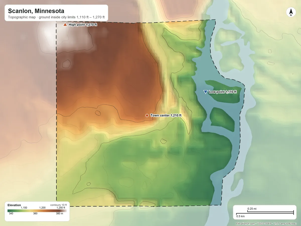 Topographic elevation map of Scanlon, Minnesota, shaded from 1,110 ft on the east side to 1,270 ft on the northwest side