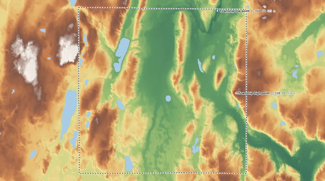 Topographic elevation map of Schoolcraft Township, Minnesota, shaded from 1,360 ft on the northeast side to 1,550 ft on the east side