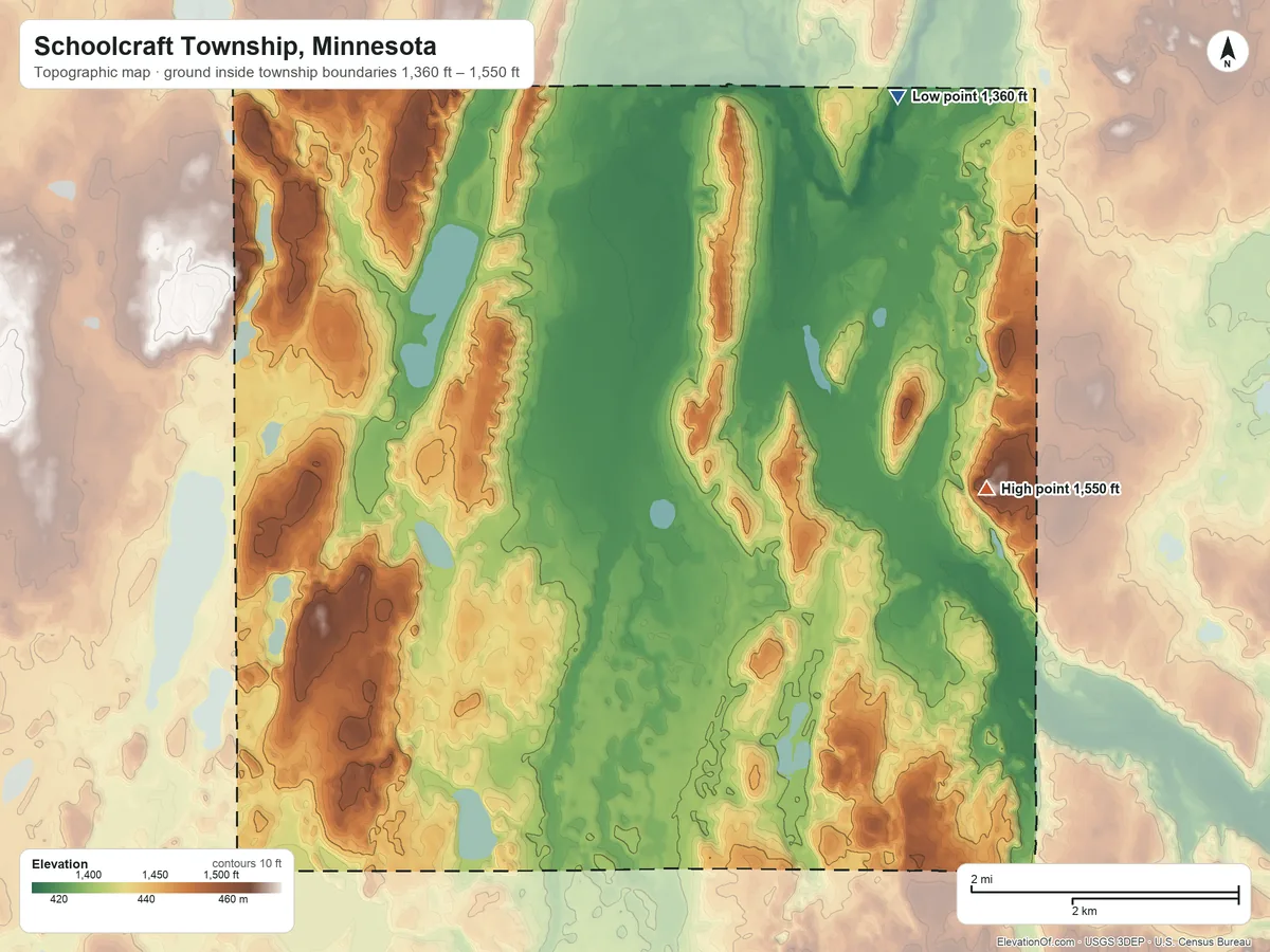 Topographic elevation map of Schoolcraft Township, Minnesota, shaded from 1,360 ft on the northeast side to 1,550 ft on the east side