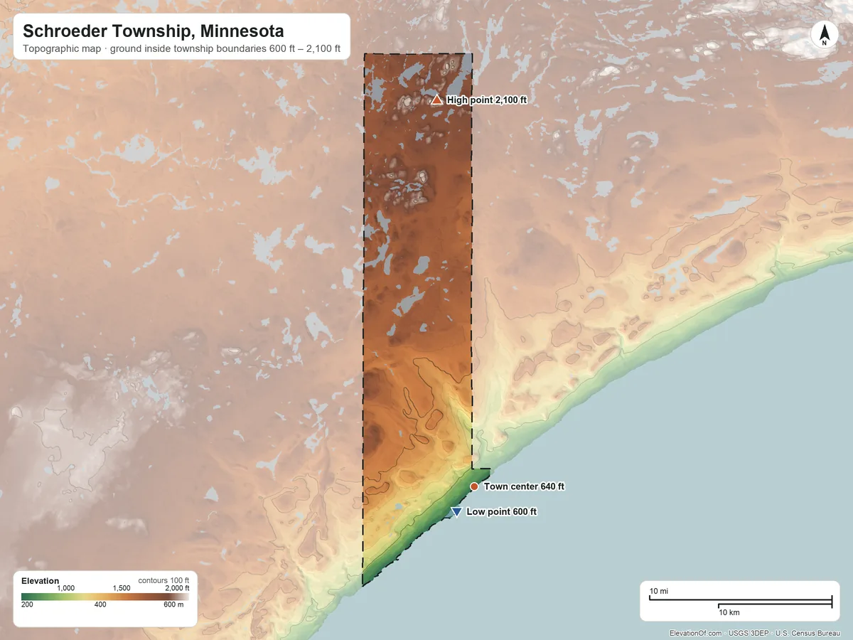 Topographic elevation map of Schroeder Township, Minnesota, shaded from 600 ft near the middle to 2,100 ft on the north side