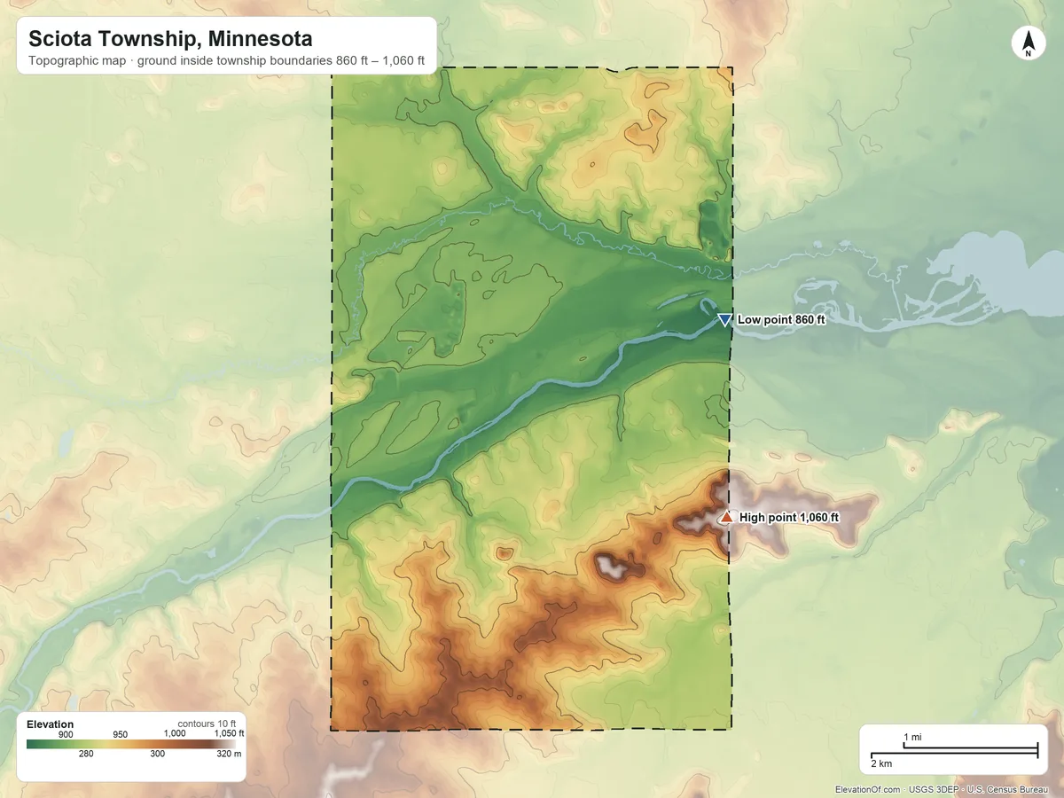 Topographic elevation map of Sciota Township, Minnesota, shaded from 860 ft on the east side to 1,060 ft on the southeast side