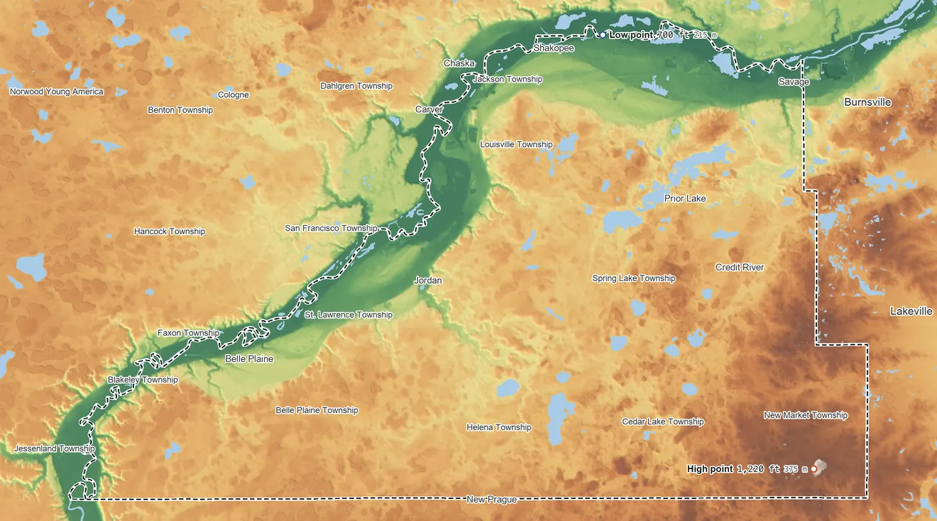 Topographic elevation map of Scott County, Minnesota, shaded from 700 ft on the northeast side to 1,220 ft on the southeast side