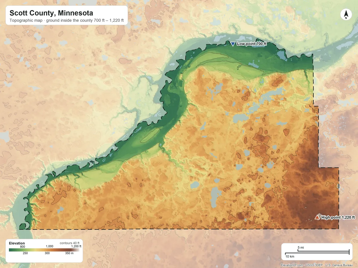 Topographic elevation map of Scott County, Minnesota, shaded from 700 ft on the northeast side to 1,220 ft on the southeast side