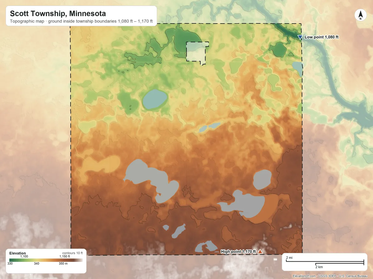 Topographic elevation map of Scott Township, Minnesota, shaded from 1,080 ft on the northeast side to 1,170 ft on the southeast side