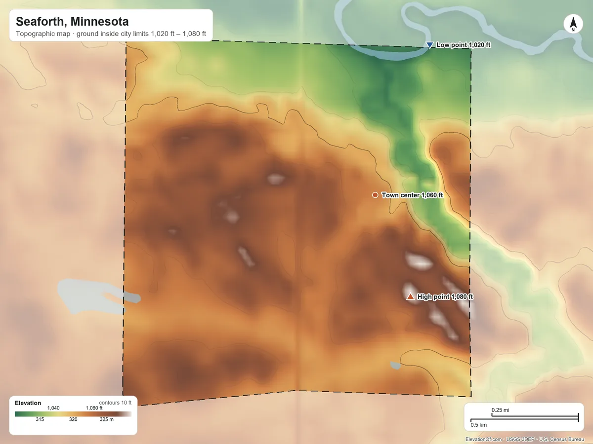 Topographic elevation map of Seaforth, Minnesota, shaded from 1,020 ft on the north side to 1,080 ft on the south side