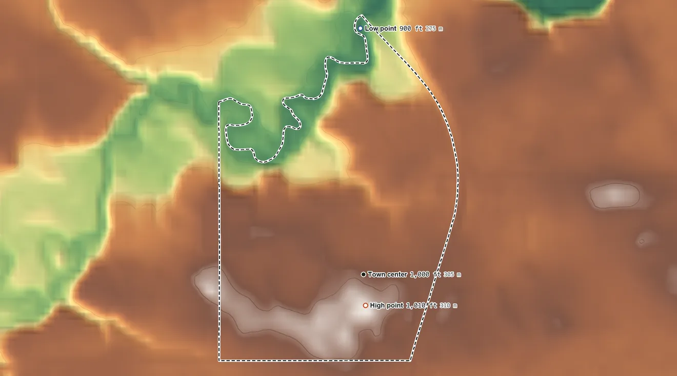 Topographic elevation map of Searles, Minnesota, shaded from 900 ft on the north side to 1,010 ft near the middle