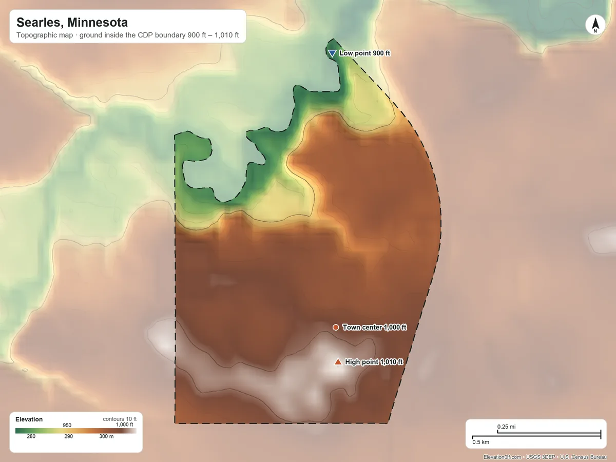 Topographic elevation map of Searles, Minnesota, shaded from 900 ft on the north side to 1,010 ft near the middle