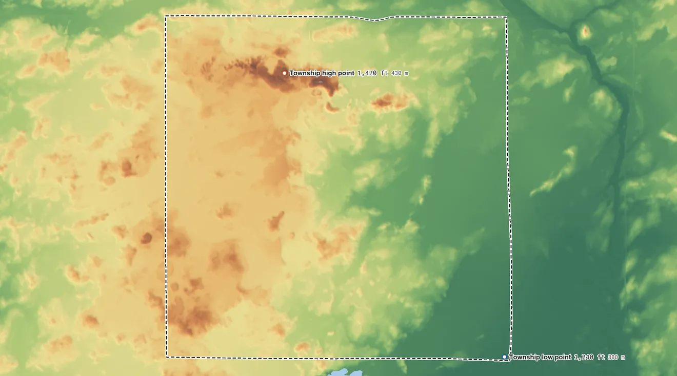 Topographic elevation map of Seavey Township, Minnesota, shaded from 1,240 ft on the southeast side to 1,420 ft on the north side