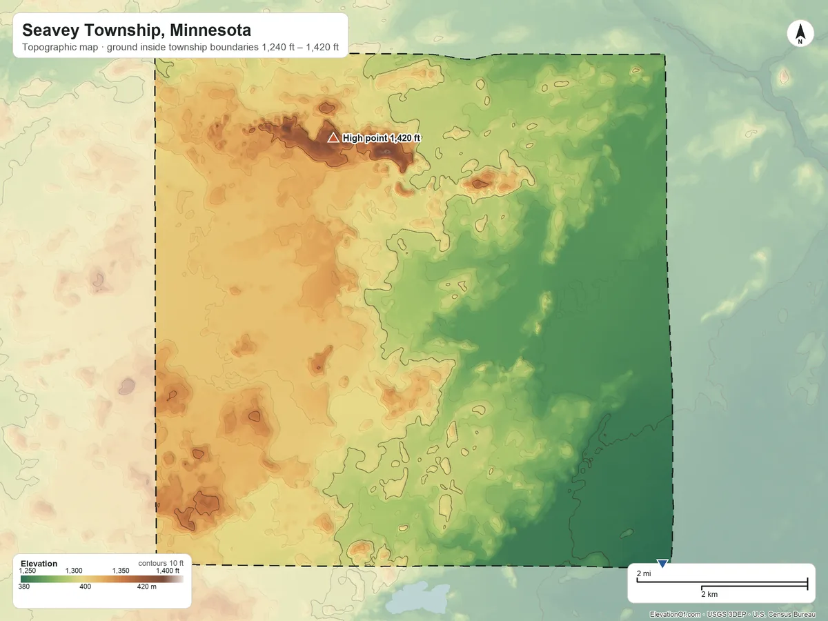 Topographic elevation map of Seavey Township, Minnesota, shaded from 1,240 ft on the southeast side to 1,420 ft on the north side