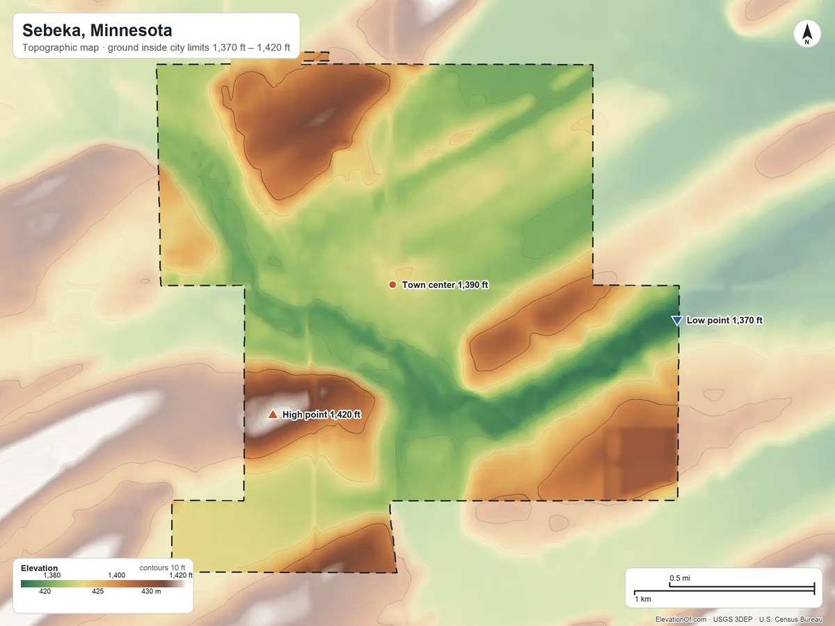 Topographic elevation map of Sebeka, Minnesota, shaded from 1,370 ft on the east side to 1,420 ft on the southwest side