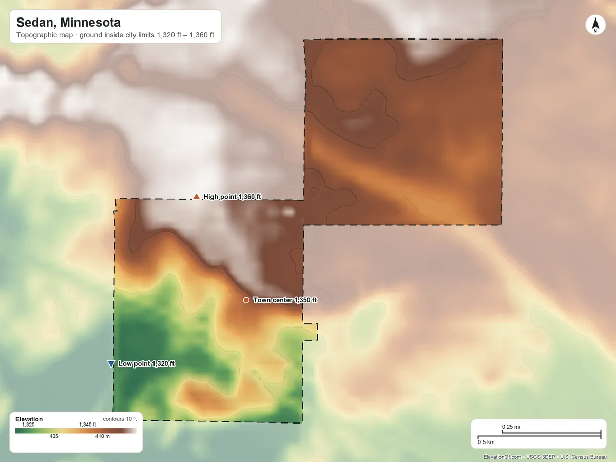 Topographic elevation map of Sedan, Minnesota, shaded from 1,320 ft on the southwest side to 1,360 ft on the northwest side