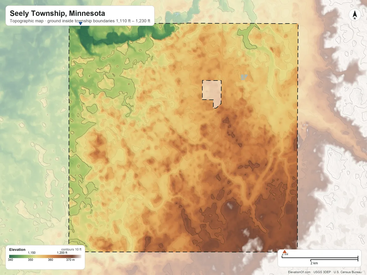 Topographic elevation map of Seely Township, Minnesota, shaded from 1,110 ft on the northwest side to 1,230 ft on the southeast side