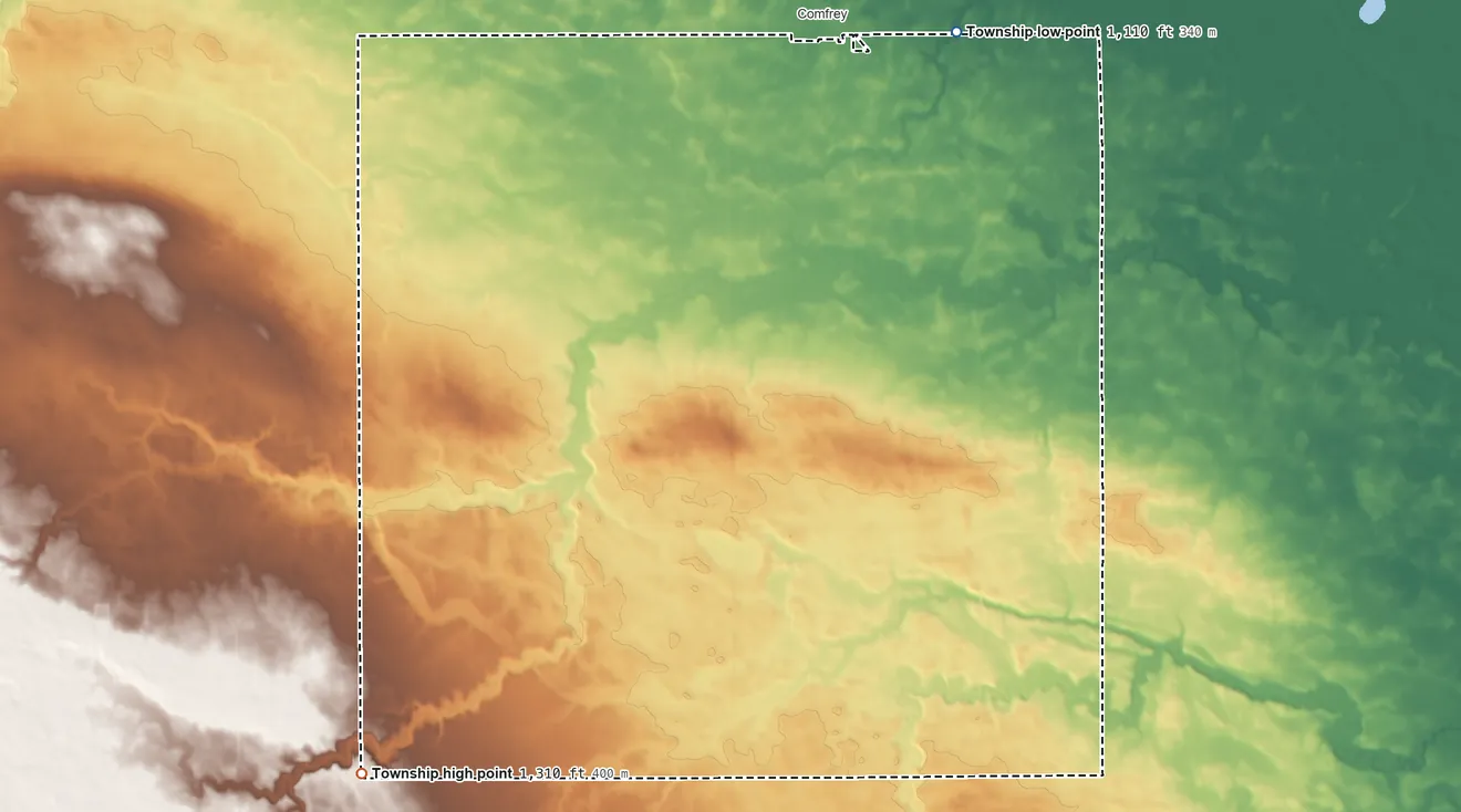 Topographic elevation map of Selma Township, Minnesota, shaded from 1,110 ft on the northeast side to 1,310 ft on the southwest side