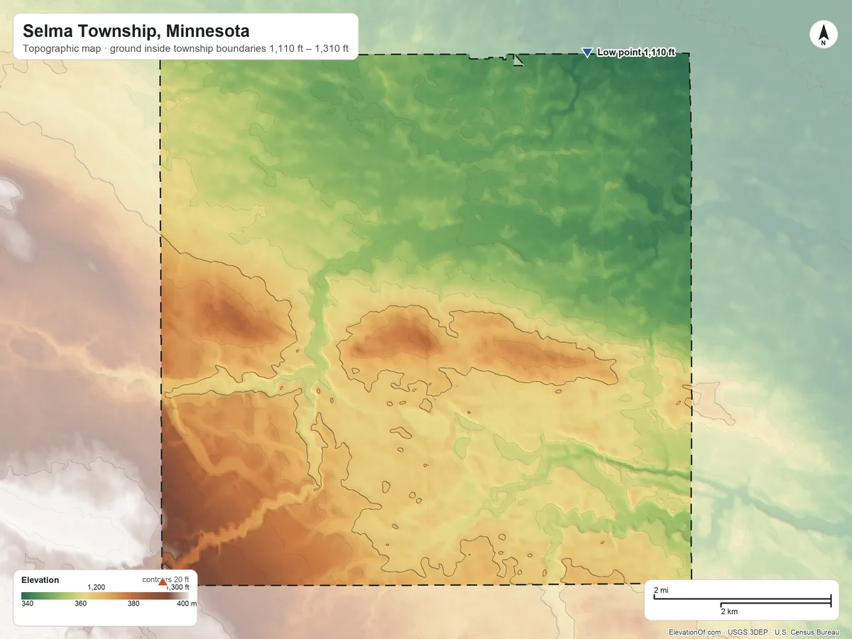 Topographic elevation map of Selma Township, Minnesota, shaded from 1,110 ft on the northeast side to 1,310 ft on the southwest side