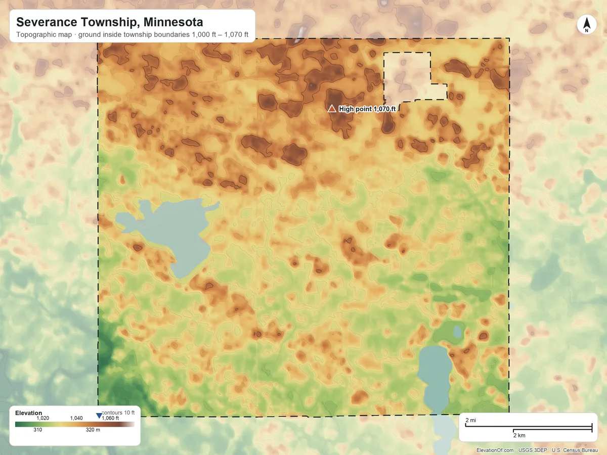 Topographic elevation map of Severance Township, Minnesota, shaded from 1,000 ft on the southwest side to 1,070 ft on the northeast side