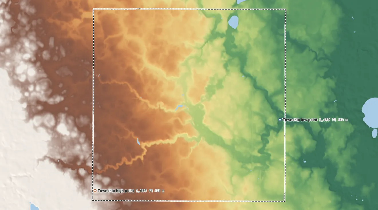 Topographic elevation map of Seward Township, Minnesota, shaded from 1,480 ft on the east side to 1,630 ft on the southwest side