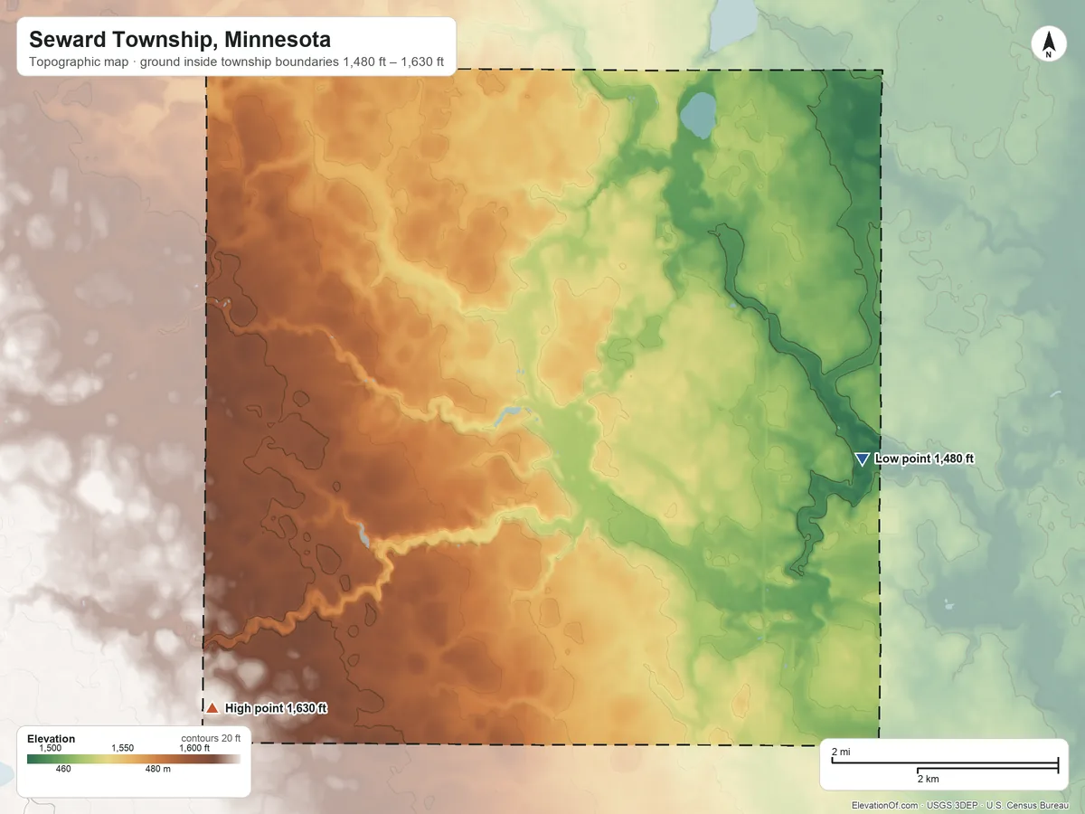 Topographic elevation map of Seward Township, Minnesota, shaded from 1,480 ft on the east side to 1,630 ft on the southwest side