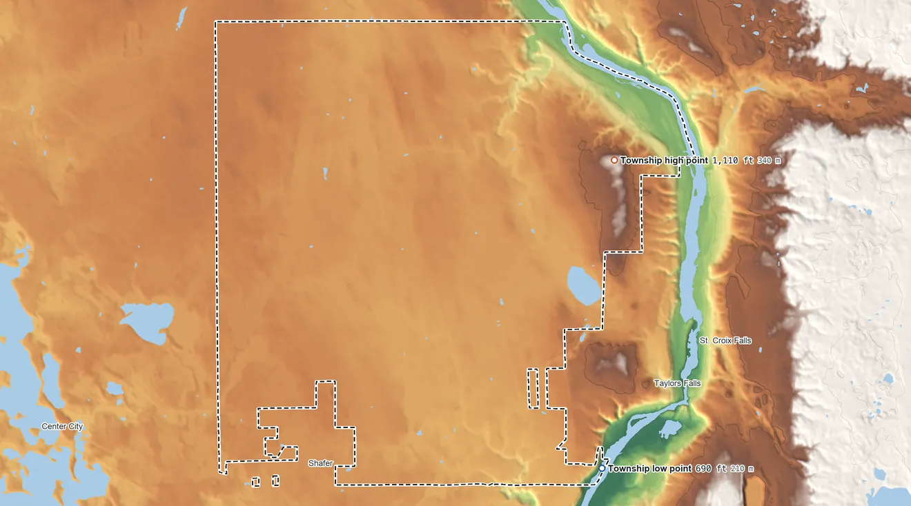 Topographic elevation map of Shafer Township, Minnesota, shaded from 690 ft on the southeast side to 1,110 ft on the northeast side