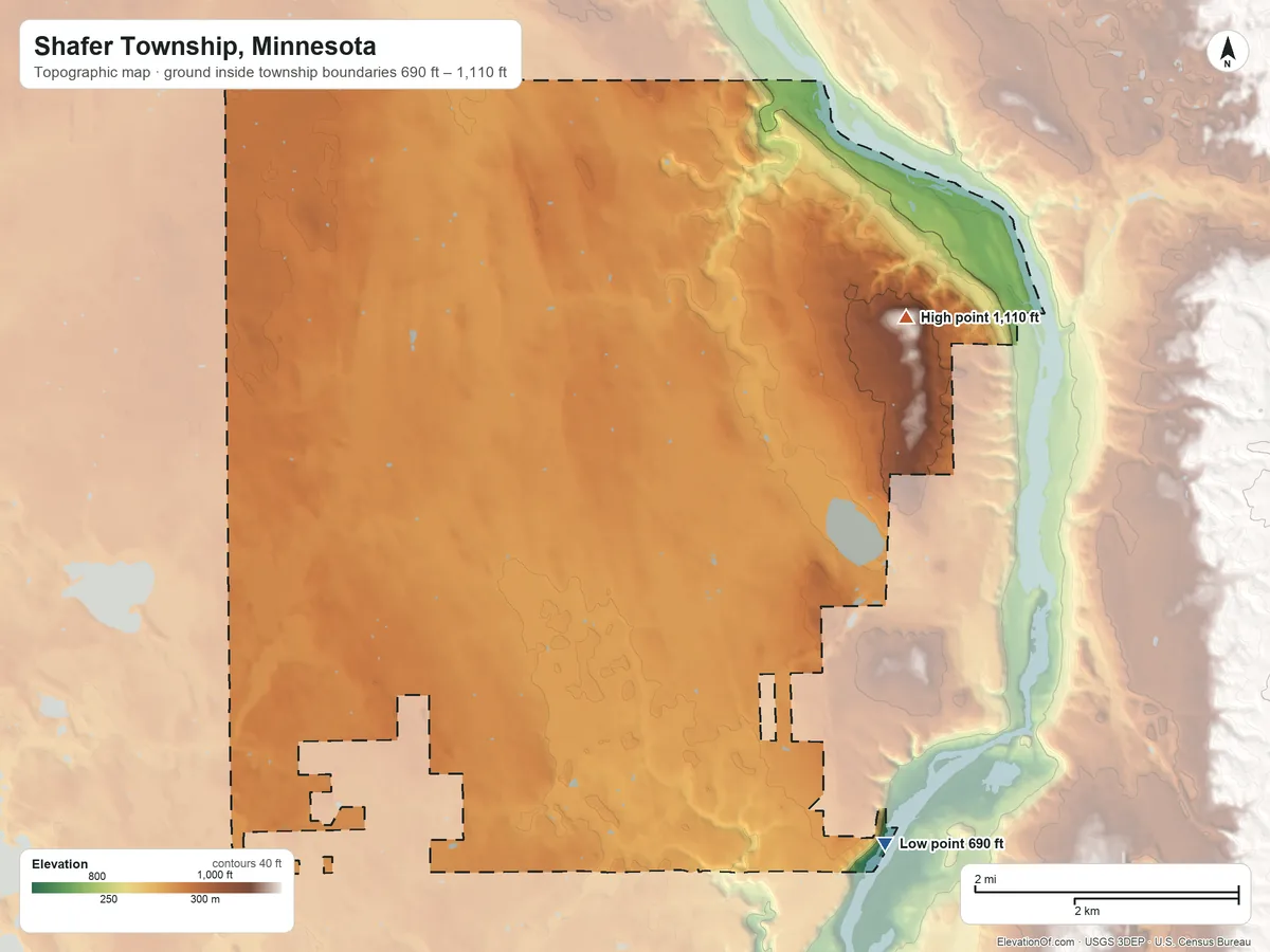 Topographic elevation map of Shafer Township, Minnesota, shaded from 690 ft on the southeast side to 1,110 ft on the northeast side