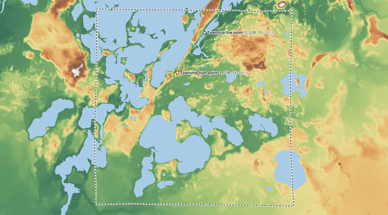 Topographic elevation map of Shamrock Township, Minnesota, shaded from 1,220 ft on the north side to 1,330 ft on the north side