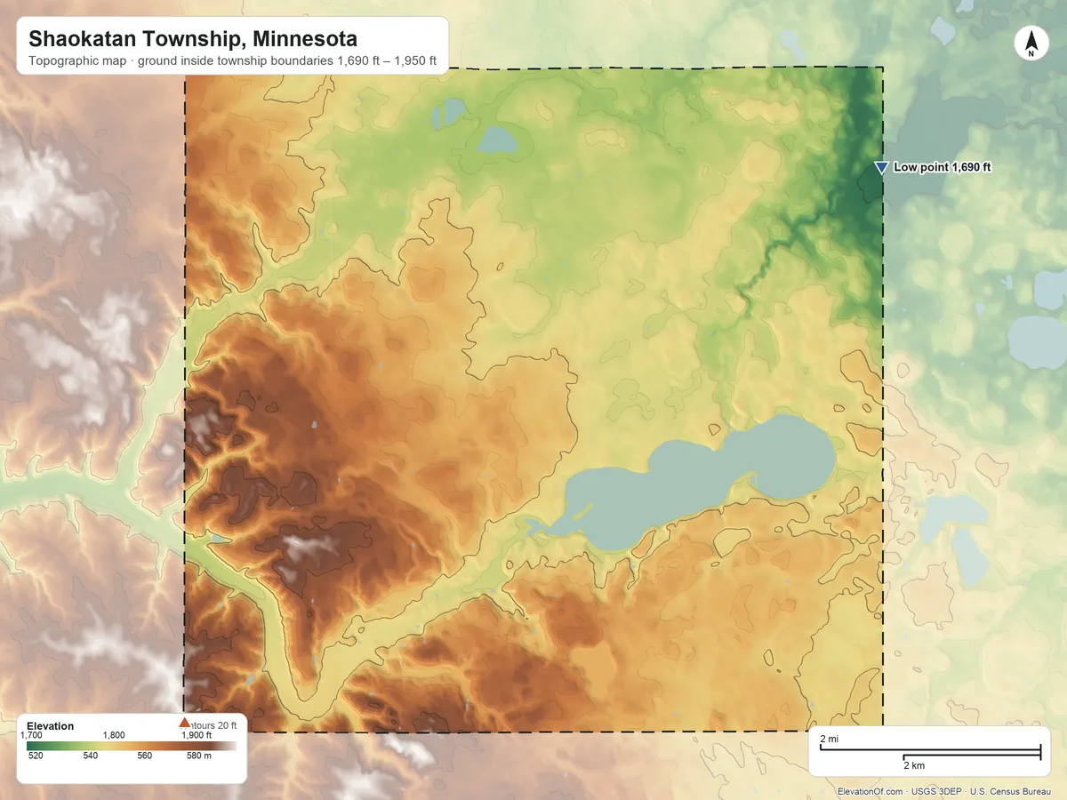Topographic elevation map of Shaokatan Township, Minnesota, shaded from 1,690 ft on the northeast side to 1,950 ft on the southwest side