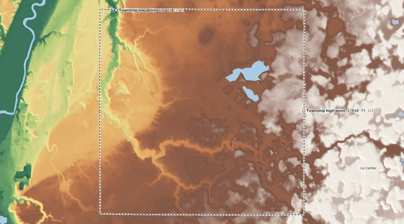 Topographic elevation map of Sharon Township, Minnesota, shaded from 770 ft on the northwest side to 1,040 ft on the east side