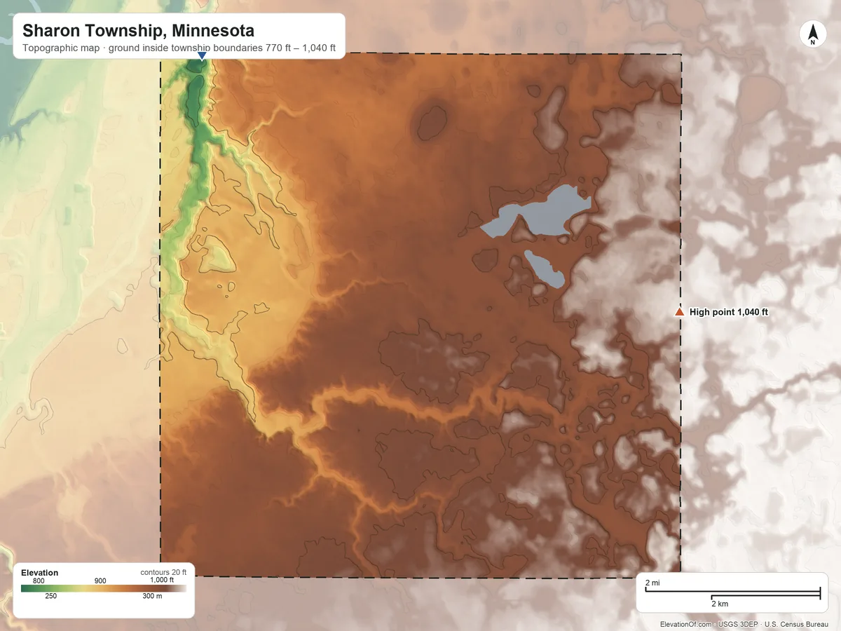 Topographic elevation map of Sharon Township, Minnesota, shaded from 770 ft on the northwest side to 1,040 ft on the east side