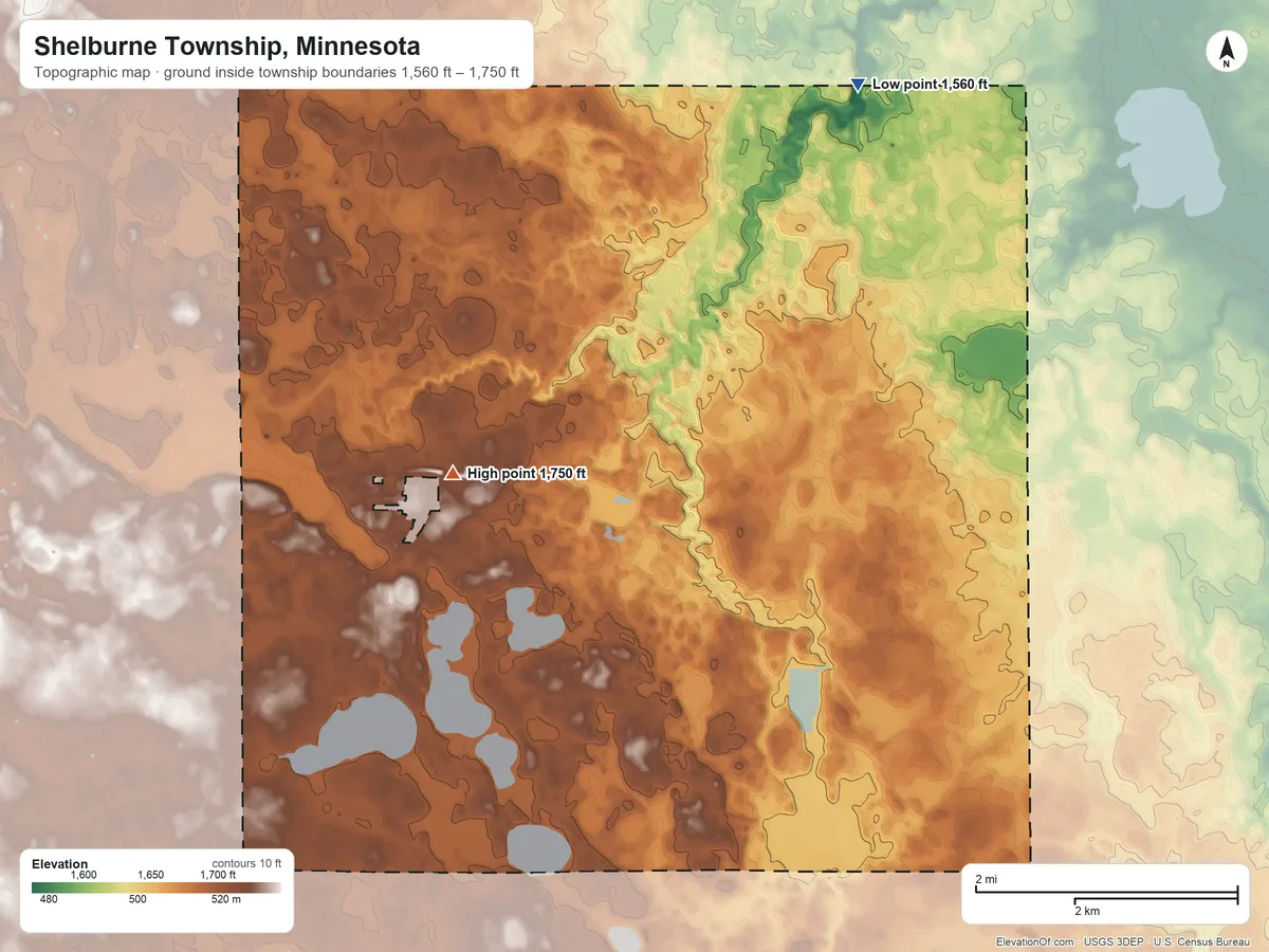 Topographic elevation map of Shelburne Township, Minnesota, shaded from 1,560 ft on the northeast side to 1,750 ft on the southwest side