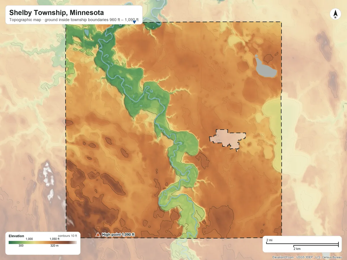 Topographic elevation map of Shelby Township, Minnesota, shaded from 960 ft on the north side to 1,090 ft on the southwest side
