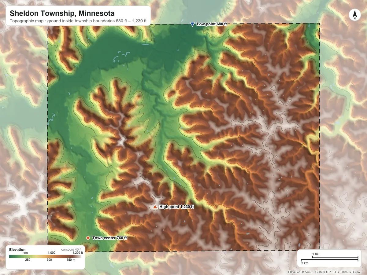 Topographic elevation map of Sheldon Township, Minnesota, shaded from 680 ft on the northeast side to 1,230 ft on the northeast side