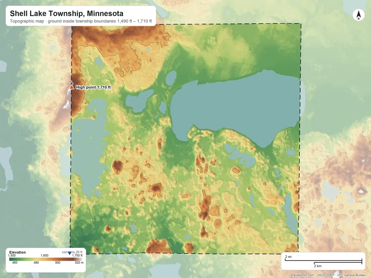 Topographic elevation map of Shell Lake Township, Minnesota, shaded from 1,490 ft on the southwest side to 1,710 ft on the northwest side
