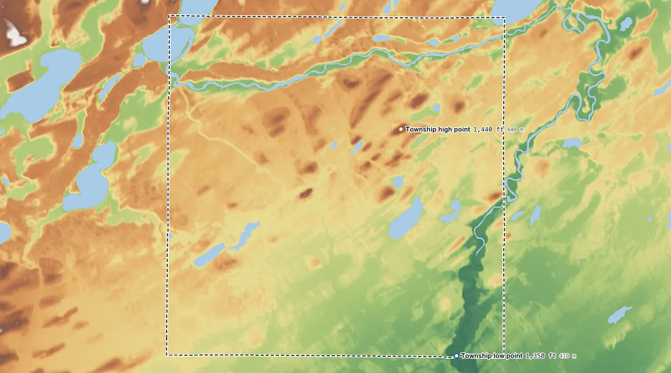 Topographic elevation map of Shell River Township, Minnesota, shaded from 1,350 ft on the southeast side to 1,440 ft on the northeast side