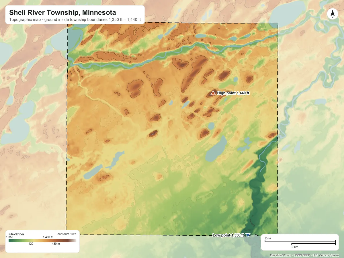 Topographic elevation map of Shell River Township, Minnesota, shaded from 1,350 ft on the southeast side to 1,440 ft on the northeast side