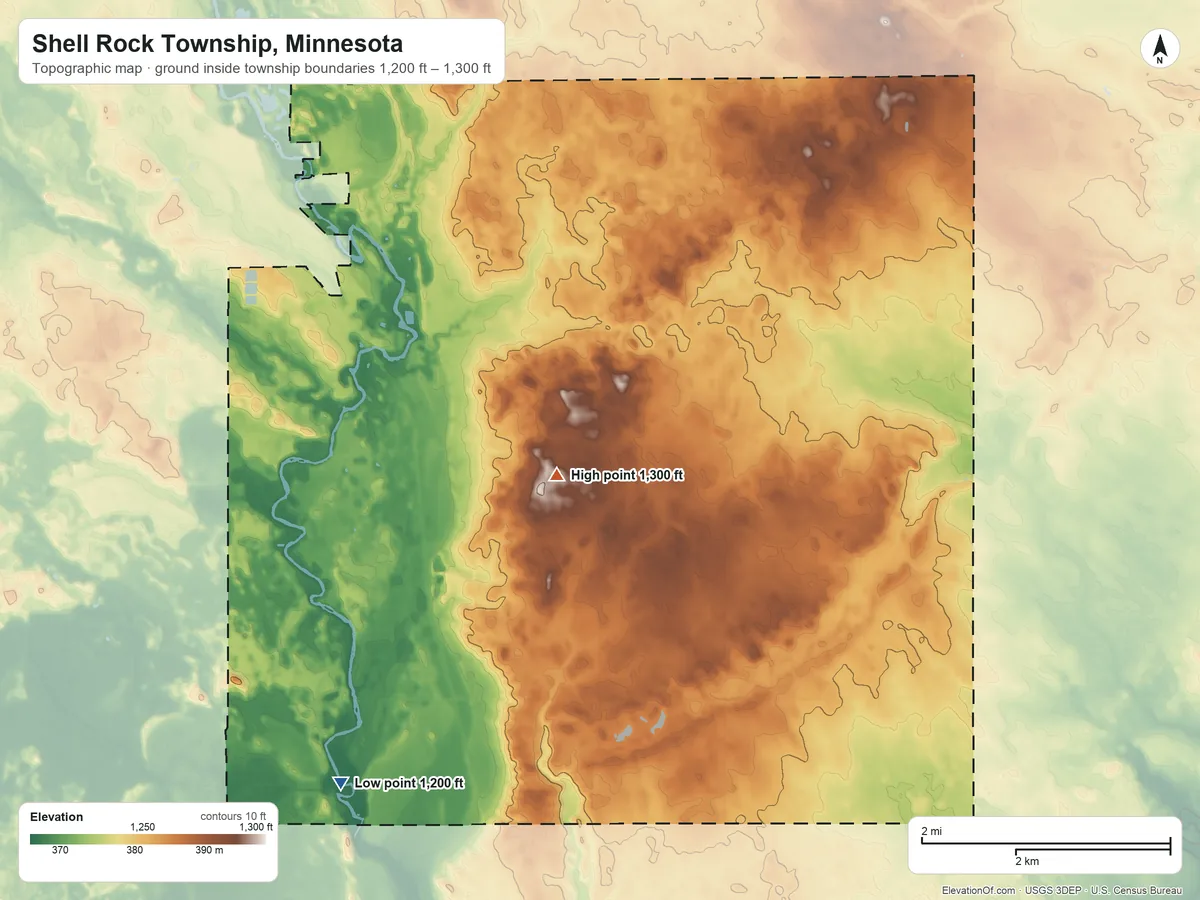 Topographic elevation map of Shell Rock Township, Minnesota, shaded from 1,200 ft on the southwest side to 1,300 ft near the middle