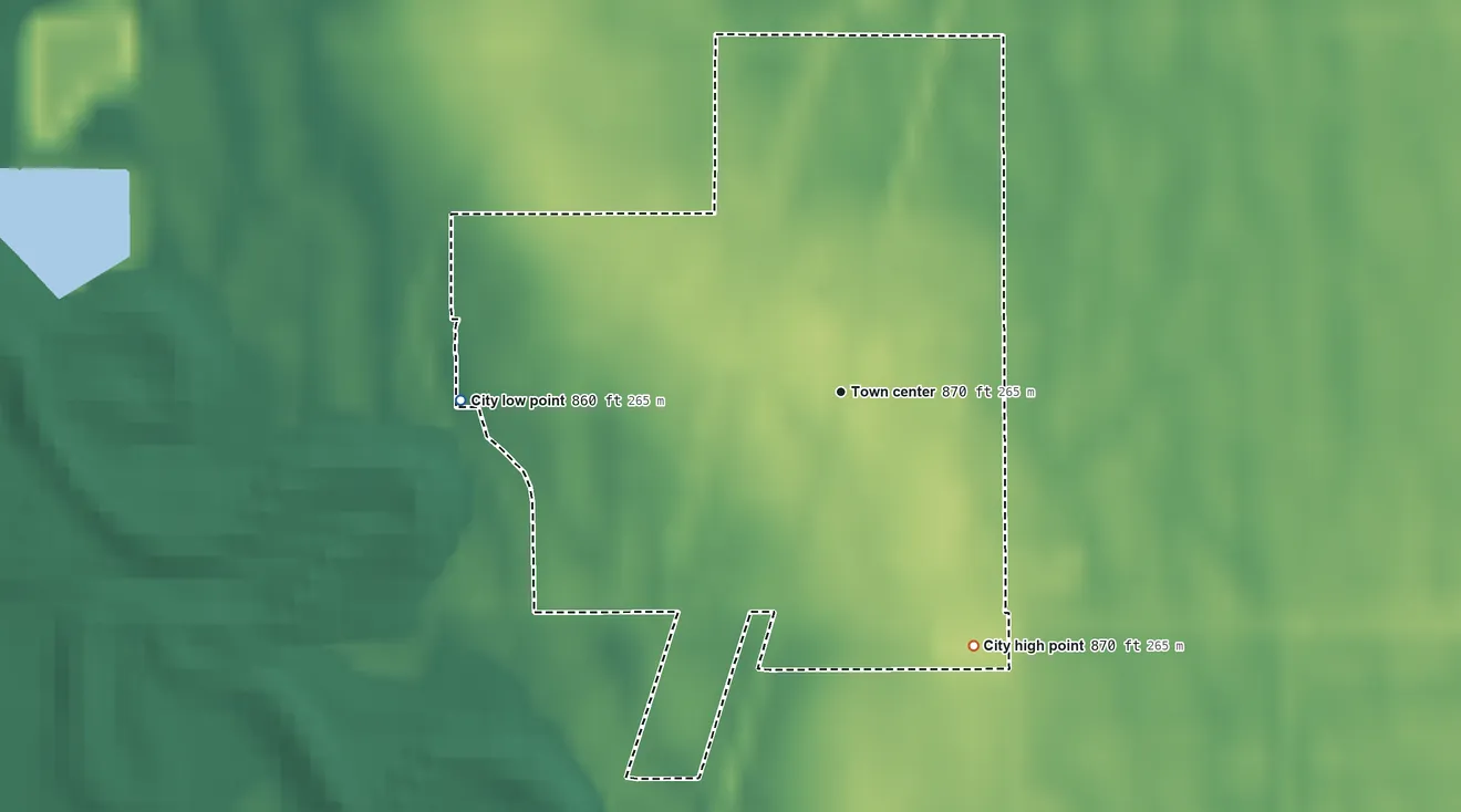 Topographic elevation map of Shelly, Minnesota, shaded from 860 ft on the west side to 870 ft on the southeast side