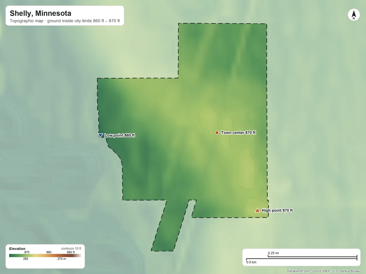 Topographic elevation map of Shelly, Minnesota, shaded from 860 ft on the west side to 870 ft on the southeast side