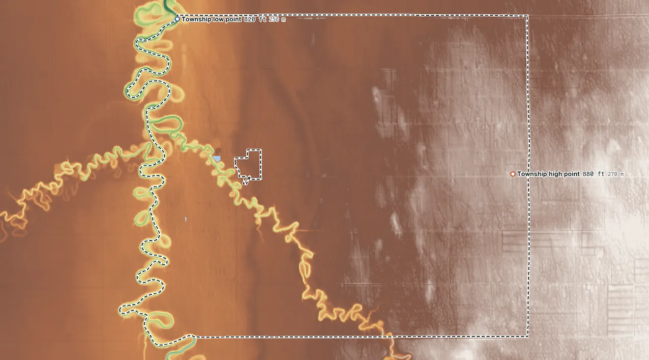 Topographic elevation map of Shelly Township, Minnesota, shaded from 820 ft on the northwest side to 880 ft on the east side
