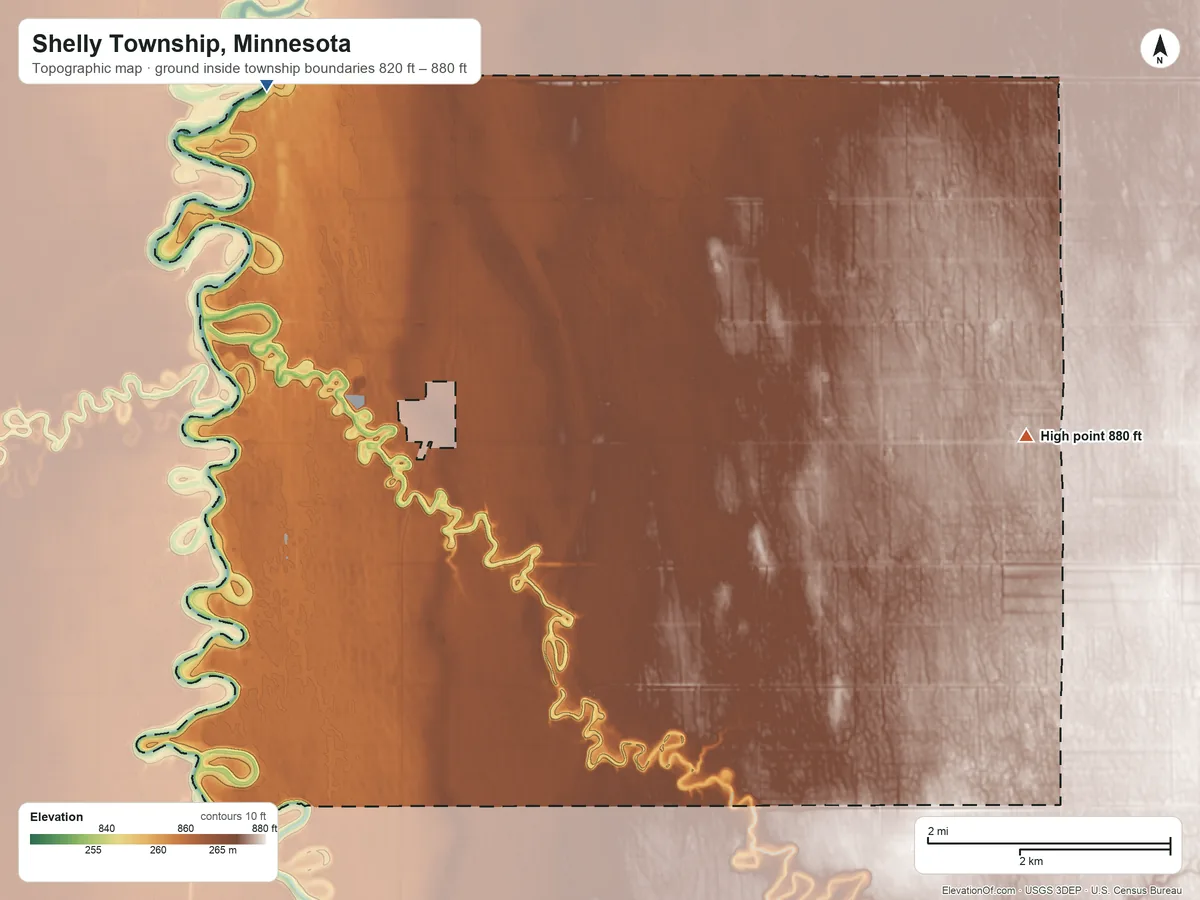 Topographic elevation map of Shelly Township, Minnesota, shaded from 820 ft on the northwest side to 880 ft on the east side