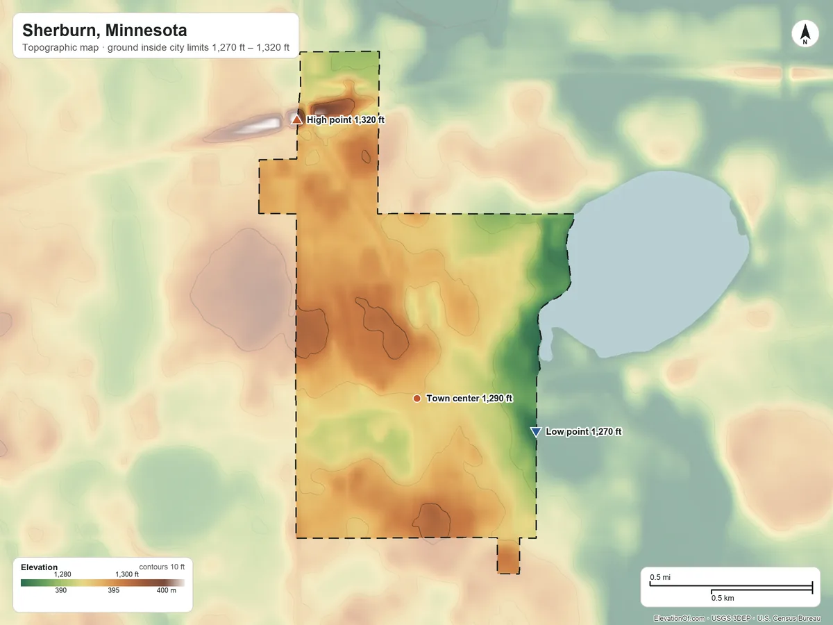 Topographic elevation map of Sherburn, Minnesota, shaded from 1,270 ft on the east side to 1,320 ft on the northwest side