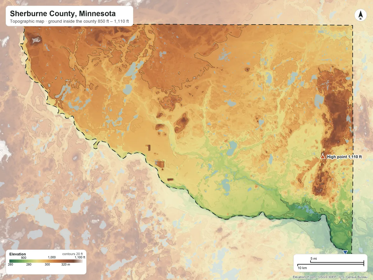 Topographic elevation map of Sherburne County, Minnesota, shaded from 850 ft on the southeast side to 1,110 ft on the east side
