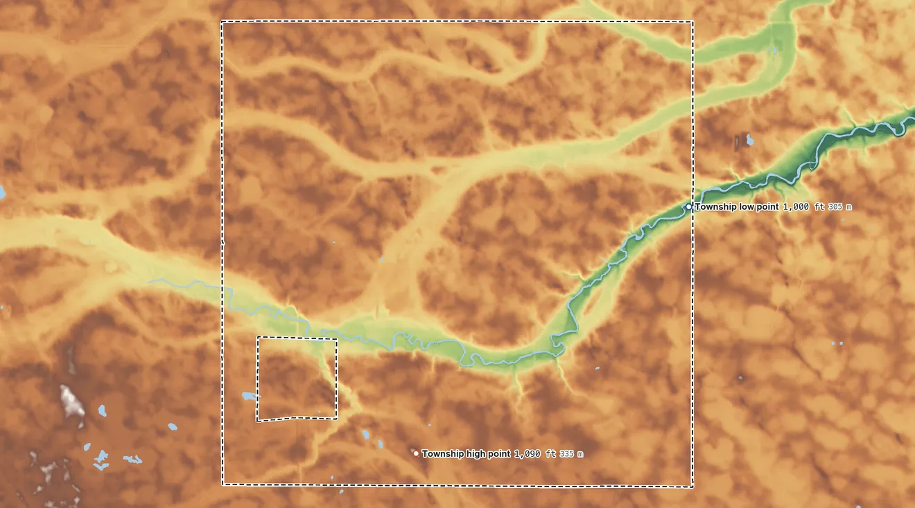 Topographic elevation map of Sheridan Township, Minnesota, shaded from 1,000 ft on the east side to 1,090 ft on the south side
